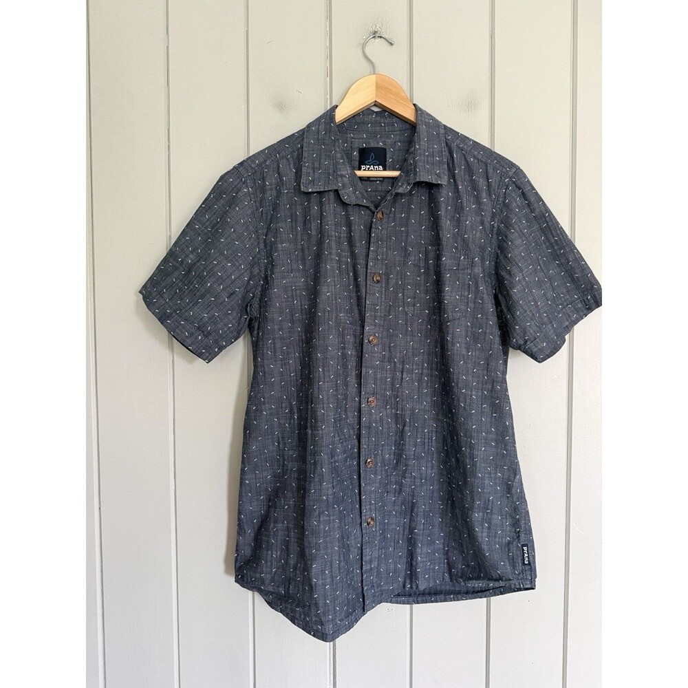 Men's Prana Shirt L Large Blue Chambray Short Sleeve Button Up Printed Collar